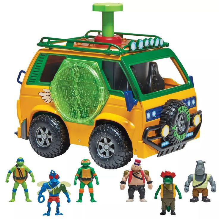 the teenage mutant ninjas are playing with each other in this toy vehicle, which is yellow and green