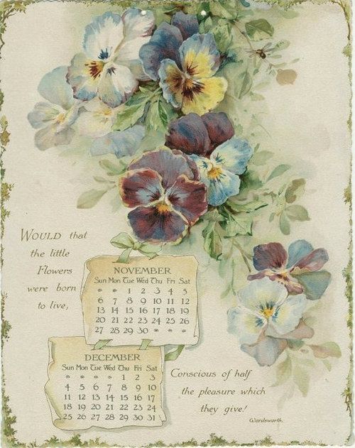 a calendar with pansies and flowers on it