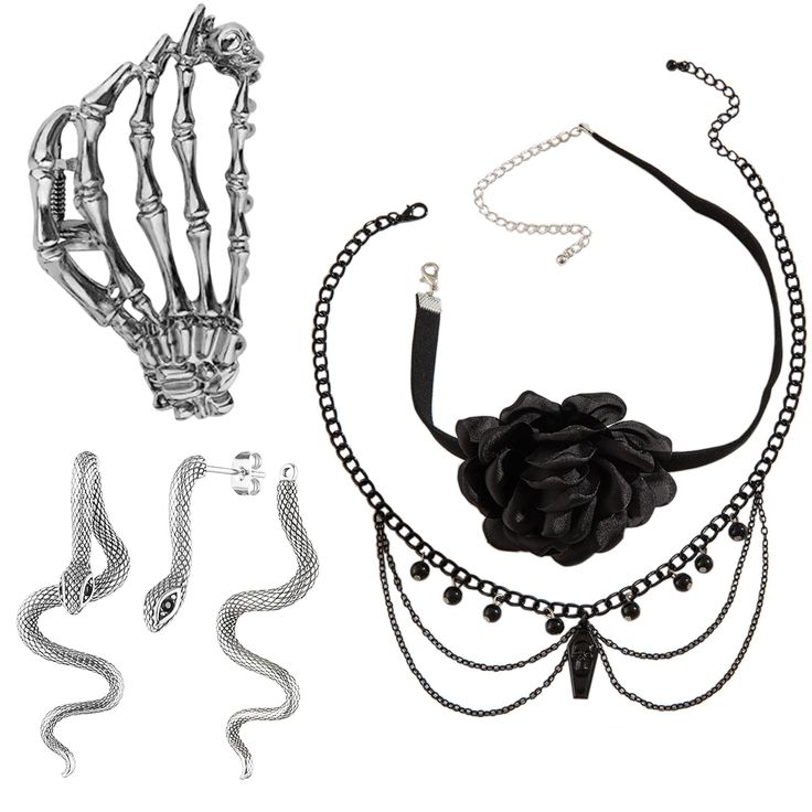 PRICES MAY VARY. 【4 PCS GOTHIC ACCESSORIES】You’ll get 1 x silver snake gothic earrings, 1 x black gothic necklace, 1 x black rose gothic choker, 1 x metal skull hair claw clips. Be brave and express yourself 【NECKLACES IN TWO STYLES】Gothic jewelry choker and necklace are made of different materials. Gothic accessories for women can be worn together or separately, easy to match 【SILVER SNAKE GOTHIC EARRINGS】Vintage gothic punk snake design, classic and simple. Realistic vision, polished surface, Gothic Black Choker For Costume, Halloween Gothic Necklace With Adjustable Chain, Formal Gothic Metal Choker, Cheap Black Gothic Choker, Adjustable Black Gothic Choker, Gothic Costume, Goth Accessories, Metal Skull, Gothic Chokers