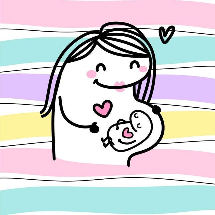 a drawing of a woman holding a baby in her arms with hearts above her head