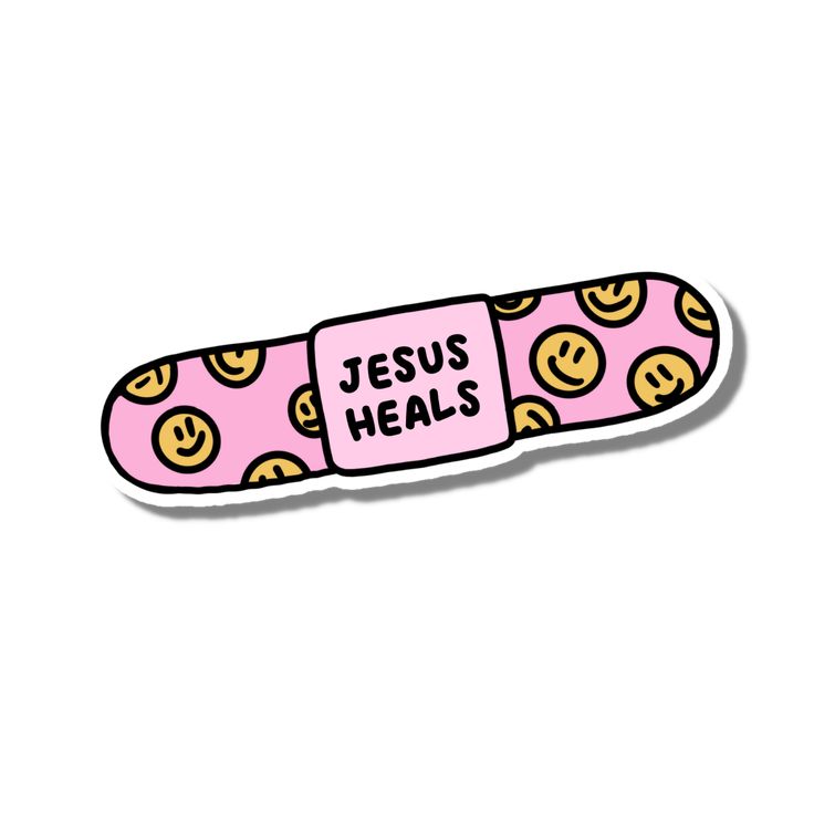 a sticker with the words jesus heals written in pink and yellow emoticions