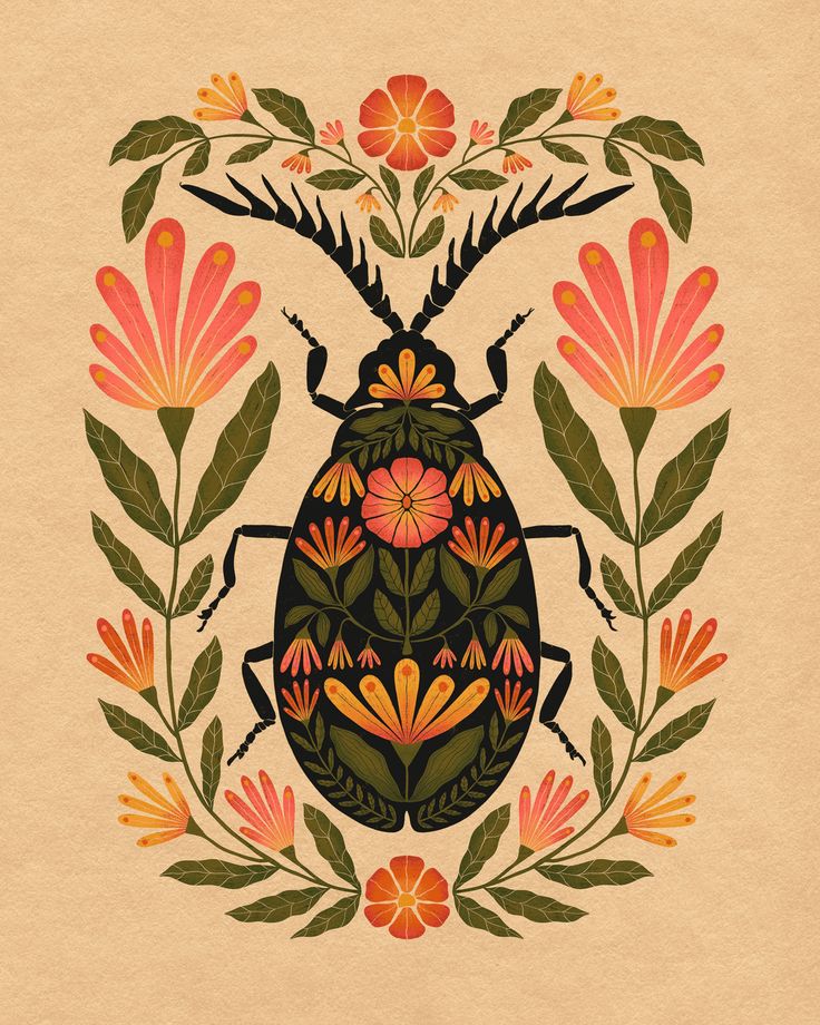 an illustration of a bug surrounded by flowers and leaves