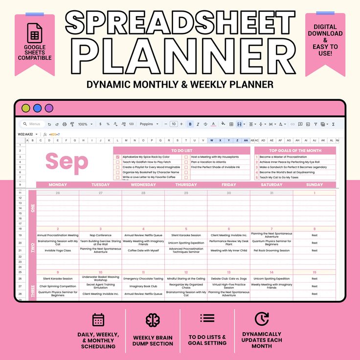 the spreadsheet planner is displayed on a pink background with black and white text