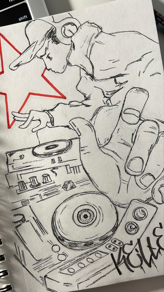 a drawing of a dj mixing on a turntable with a red star above it