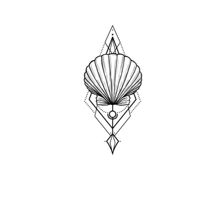 a black and white drawing of a shell with geometric shapes on it's side