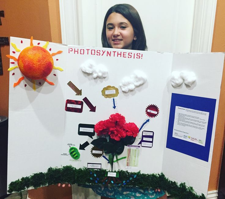 a woman standing next to a poster with flowers and photos on the wall in front of her