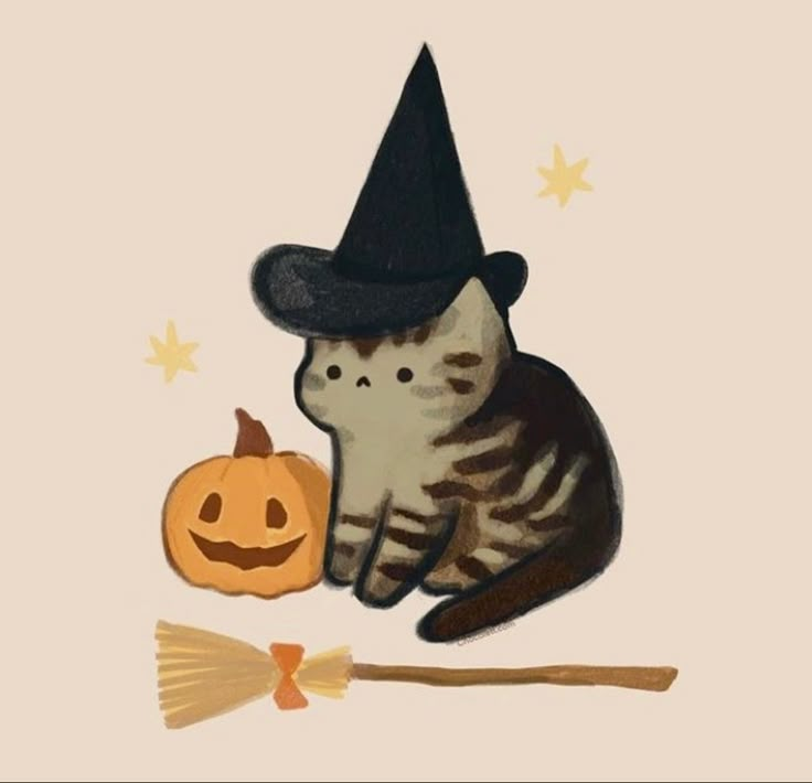 a cat wearing a witches hat next to a jack - o'- lantern and broom