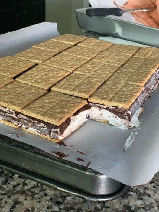 an ice cream sandwich sitting on top of a cookie sheet covered in chocolate and graham crackers