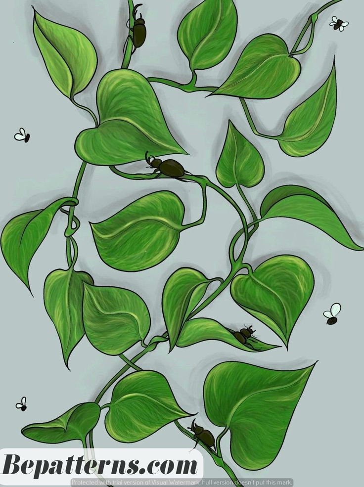 a painting of green leaves and bugs on them