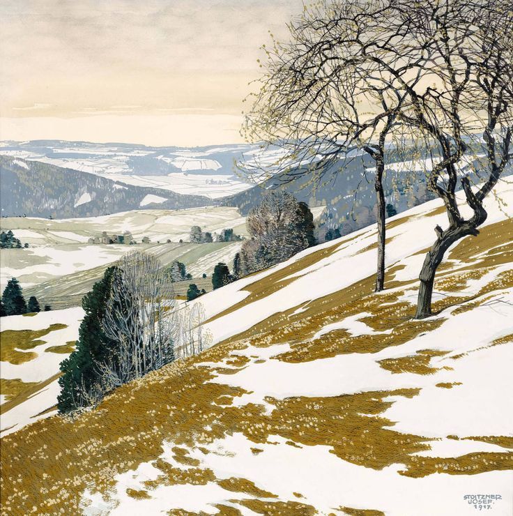 a painting of trees on a snowy hill