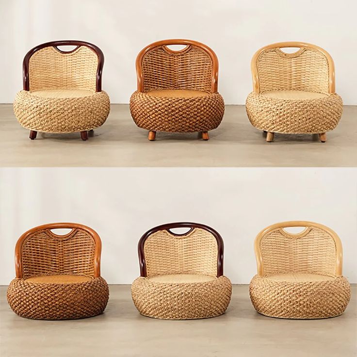 four different views of the same wicker chair and footstool, each with an oval shaped seat