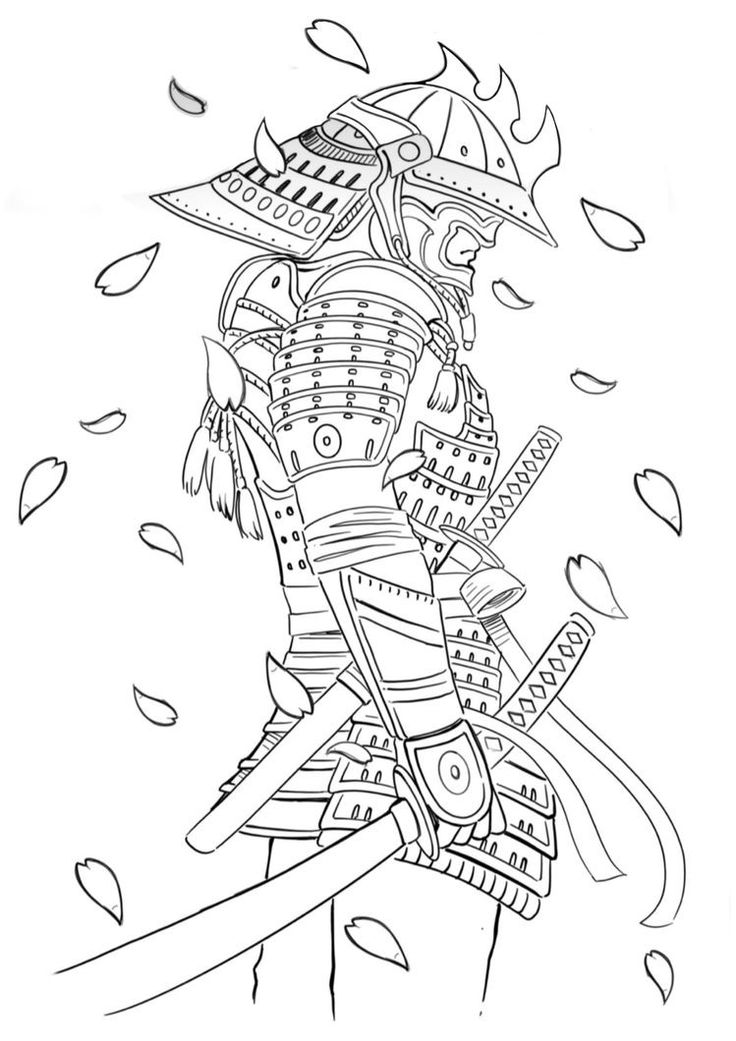 a black and white drawing of a samurai