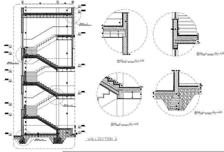 some drawings showing the steps and balconies in different sections, including one with a handrail