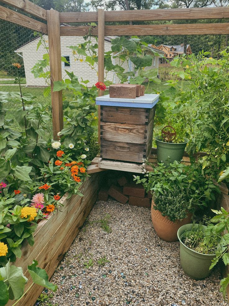 a beehive in the middle of a garden filled with lots of plants and flowers