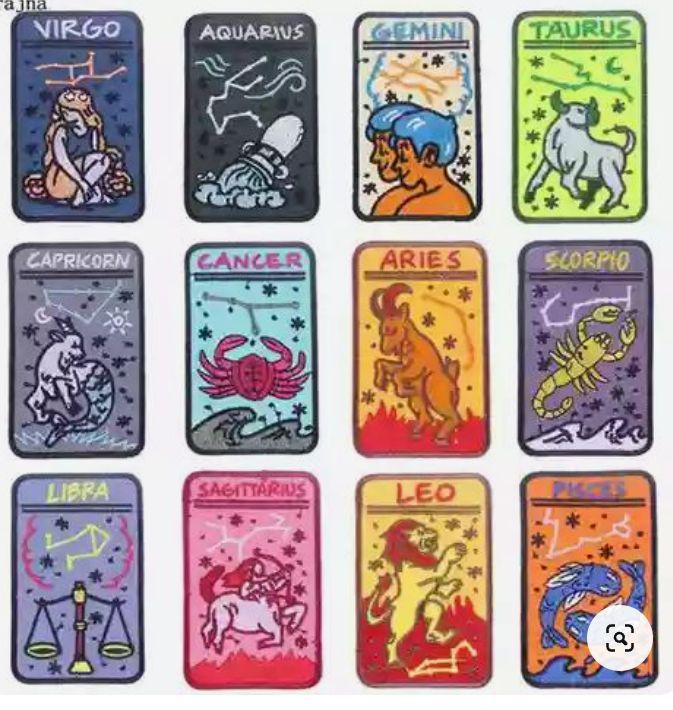 nine zodiac signs are shown in different colors and sizes, including one with an image of the