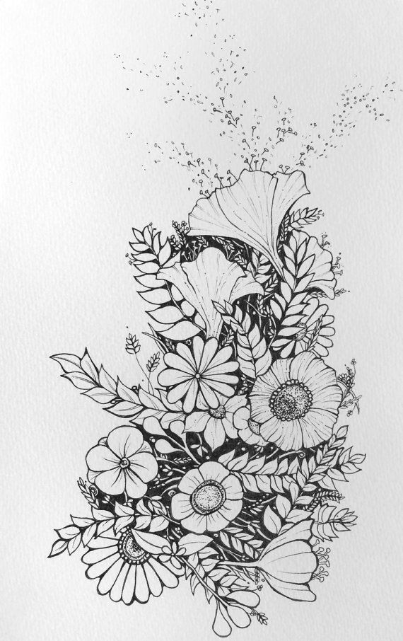 a black and white drawing of flowers