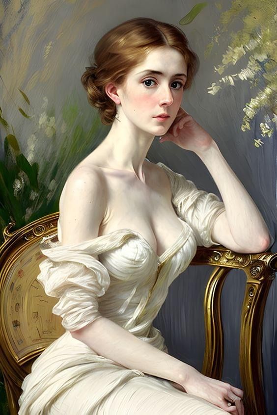 a painting of a woman in a white dress sitting on a chair with her hand under her chin