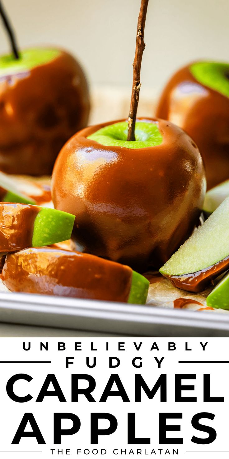 caramel apples on a plate with the title underneath