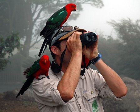 a man with two birds on his head looking through binoculars at the camera while another bird sits on top of him