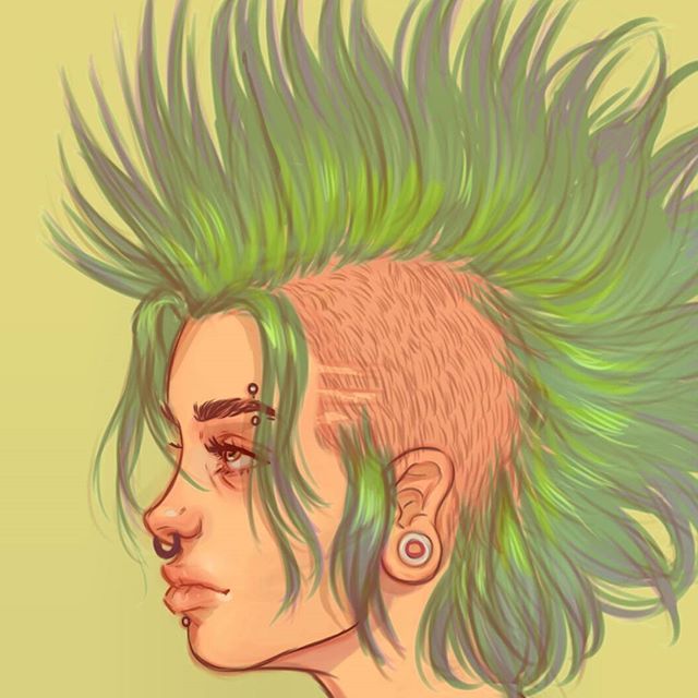 a drawing of a woman with green hair and piercings on her ears, looking to the side