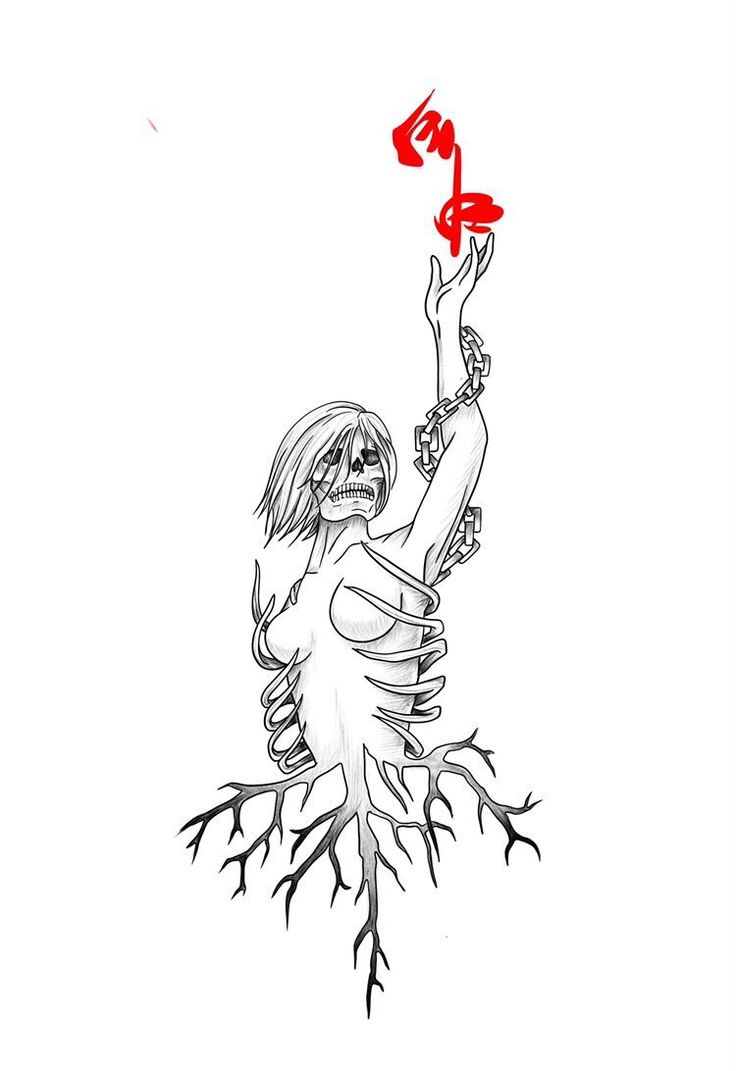 a drawing of a woman holding a red heart above her head and roots on the ground