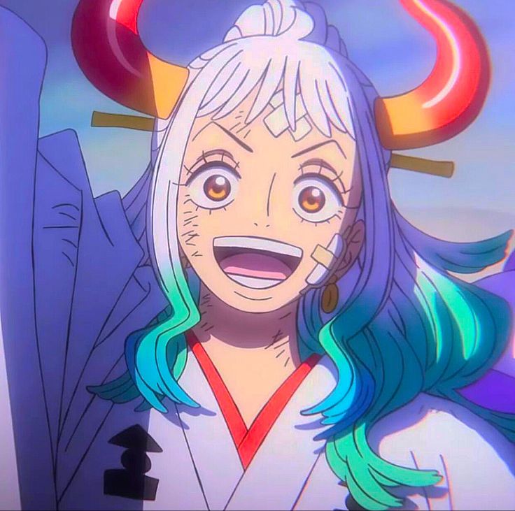 an anime character with long hair and horns on her head, smiling at the camera