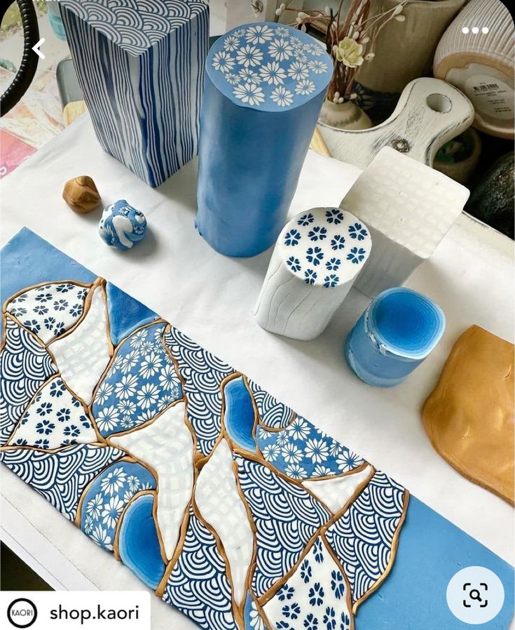 some blue and white items on a table