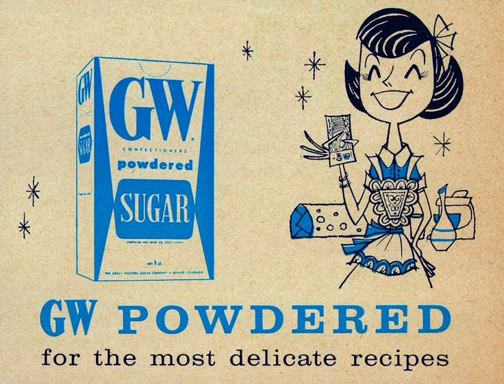 an old advertisement for gw powdered sugar with a cartoon girl holding a toothbrush