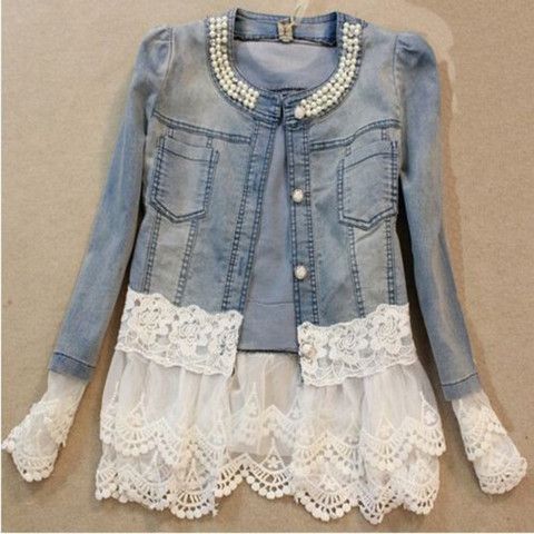 a denim jacket with white lace on the bottom and an image of a woman's shirt