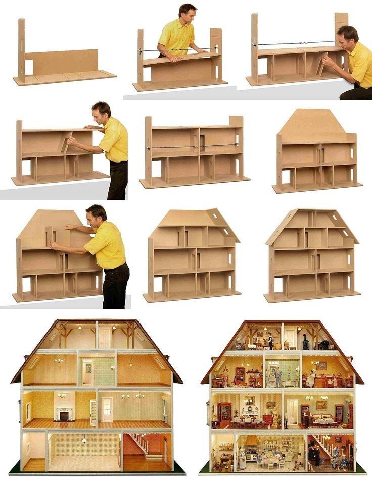 a man is building a dollhouse with wooden shelves and shelving units in it