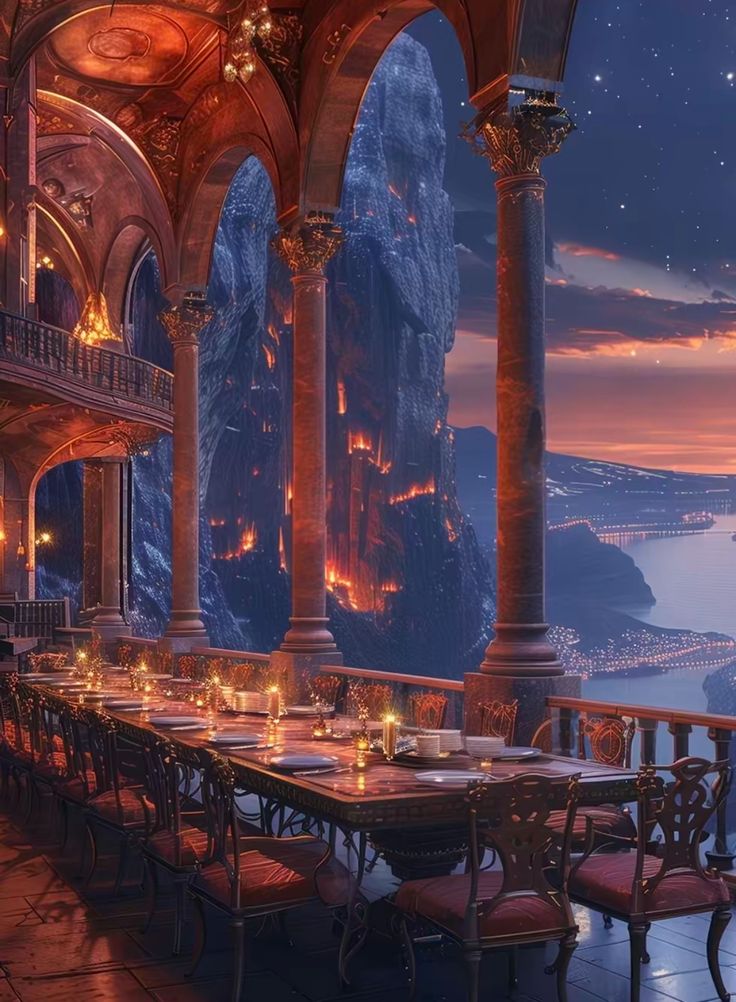 a large dining room with many tables and chairs in front of an ocean view at night