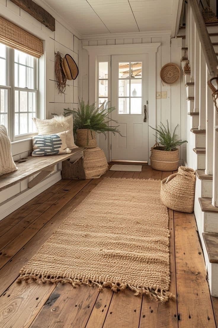 a wooden floor with a rug on it and some plants in the window sill