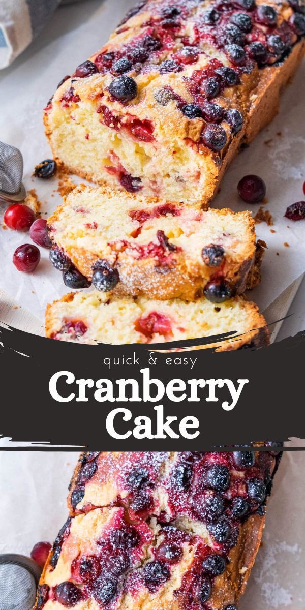 cranberry cake is cut into slices and sitting on top of parchment paper with the words, quick easy cranberry cake