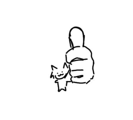 a black and white drawing of a person holding a small cat in their arms,