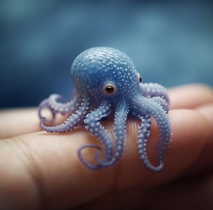 a tiny blue octopus sitting on top of a person's hand in front of a blurry background