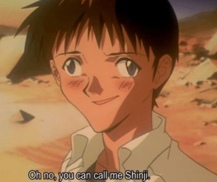 an anime character is smiling in front of a desert background with the words oh no, you can calme shinji