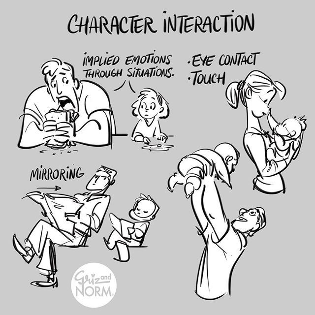 cartoon character interaction with an adult and child