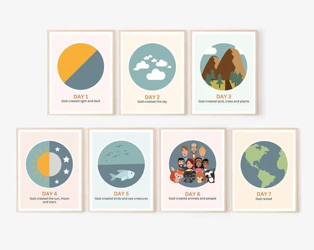 six posters with different types of mountains and trees on them, each showing the day's weather