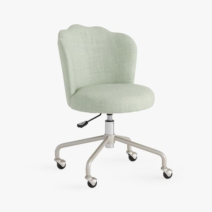 a light green office chair with casteors and wheels on an isolated white background, viewed from the front