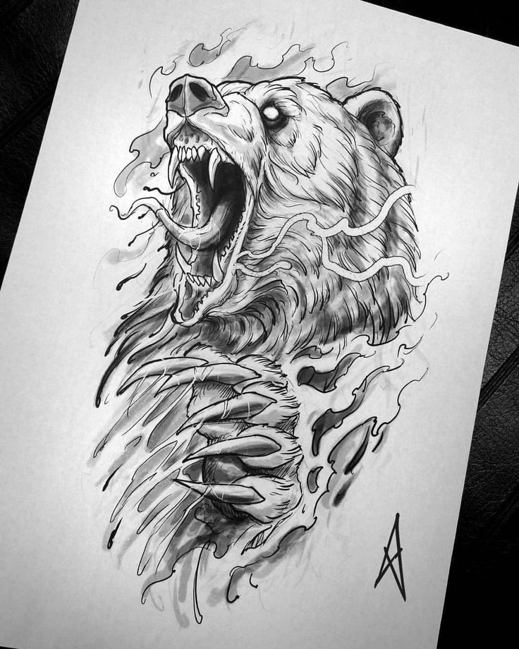 a drawing of a bear with its mouth open and the teeth ripped off in half