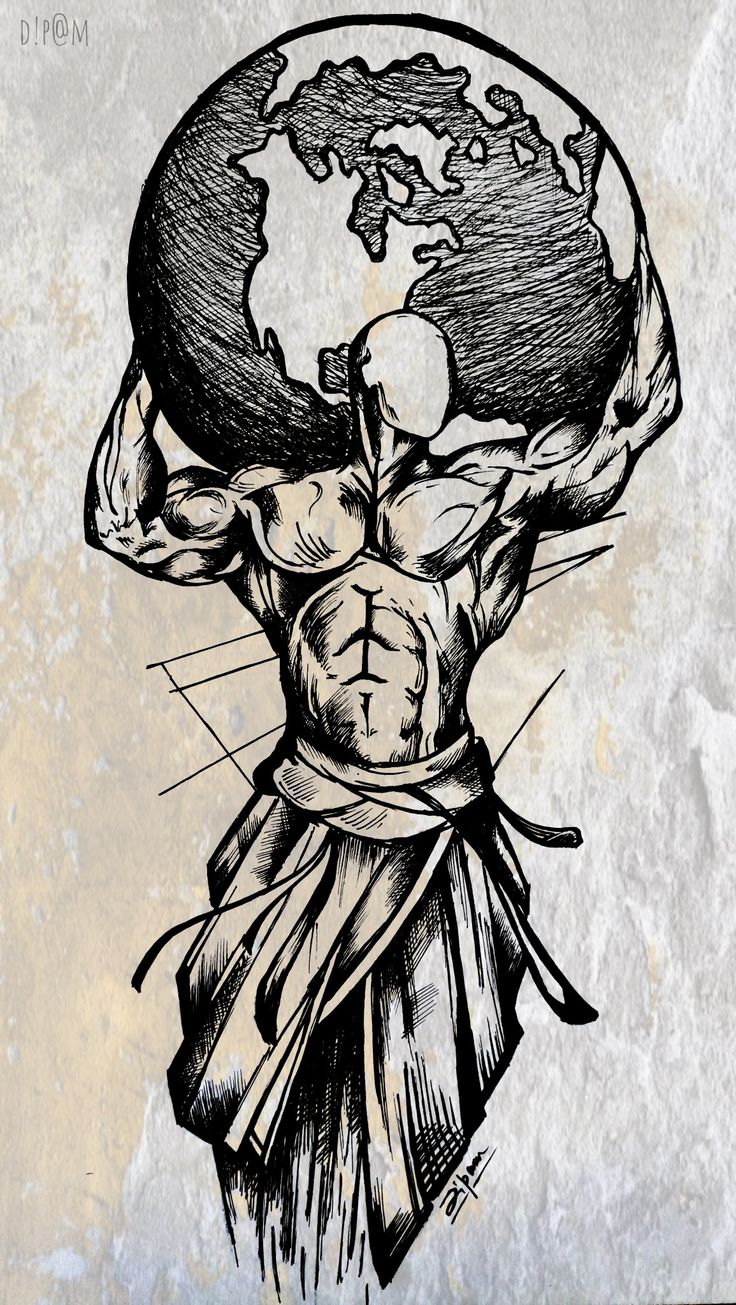 a drawing of a man holding the earth on his shoulders with one arm and two hands