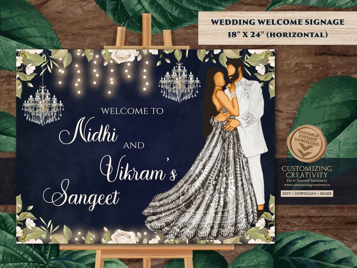 a wedding welcome sign with a couple kissing in front of green leaves and chandeliers