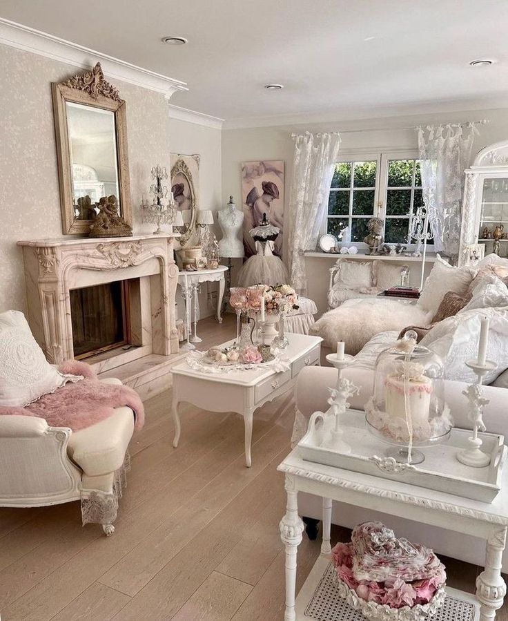 a living room filled with furniture and a fire place in the middle of a room