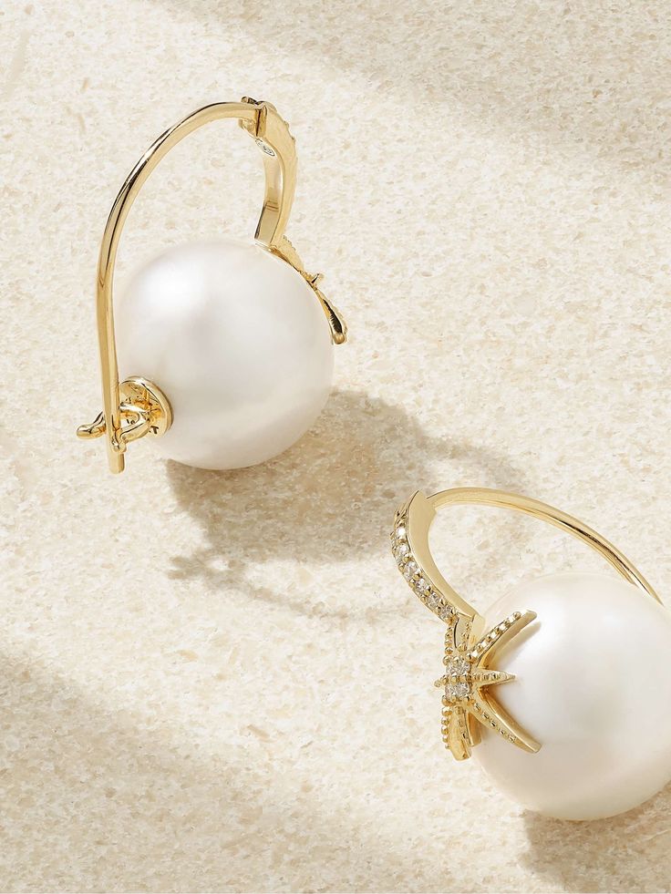 Find SYDNEY EVAN Starburst 14-karat Pearl And Diamond Earrings on Editorialist. Sydney Evan's earrings are illuminated by diamond-encrusted 'Starburst' motifs, affixed to smooth freshwater pearl beads. Made from 14-karat gold, they're an elegant choice for both day and night. Pearl And Diamond Earrings, Sydney Evan, Earrings In Gold, Diamond Hoop Earrings, Single Earring, Day And Night, Gold Pearl, Pearl Beads, Freshwater Pearls