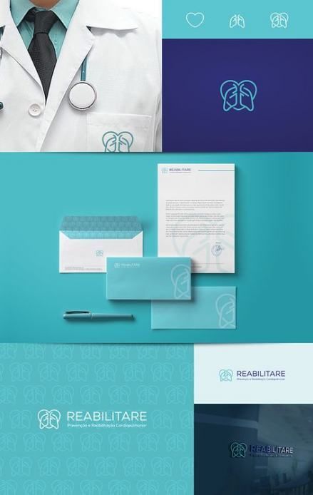 the doctor is standing next to his medical logo and stationery set, which are also designed for him