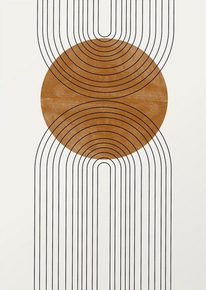 an abstract art piece with lines and circles on the side, in brown and white