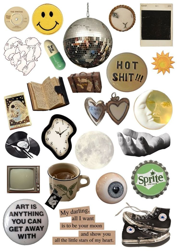 a collage of various items that include buttons, magnets, and other things