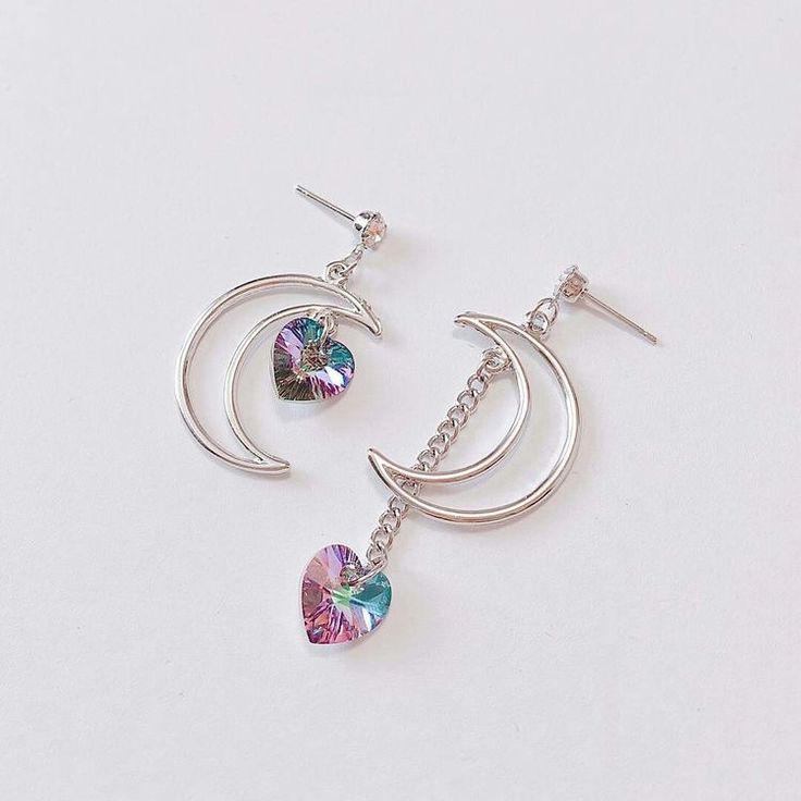 Crescent Earrings, Moon Earrings, Girly Jewelry, Crystal Heart, Pretty Jewellery, Jewelry Inspo, Ear Jewelry, Cute Earrings, Piercing Jewelry