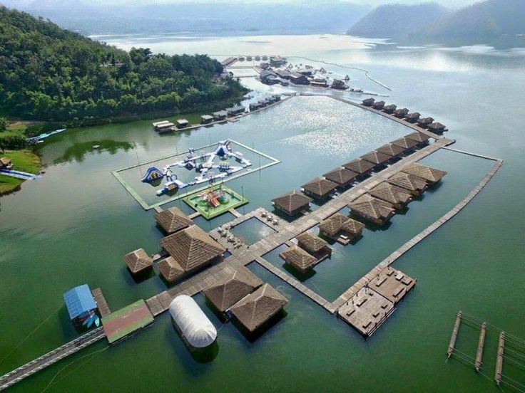 an aerial view of the water and dock area