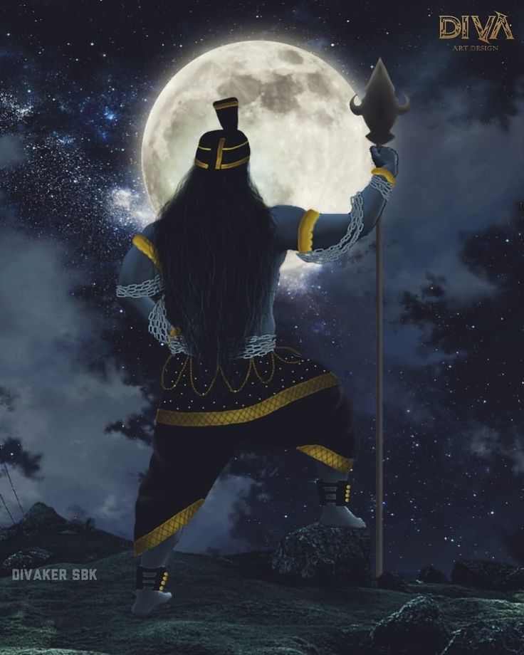 a man with long black hair holding a pole and standing in front of a full moon